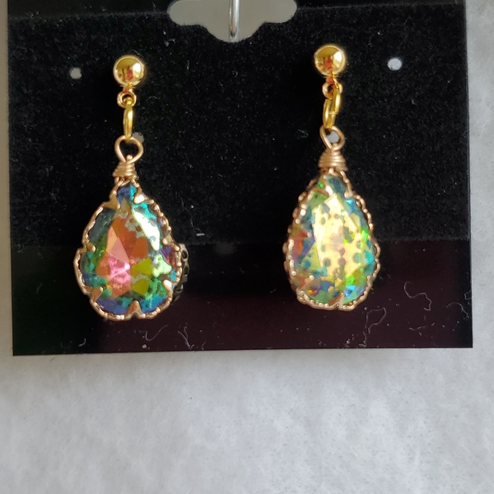 Womens gold & iridescent stone post earrings
